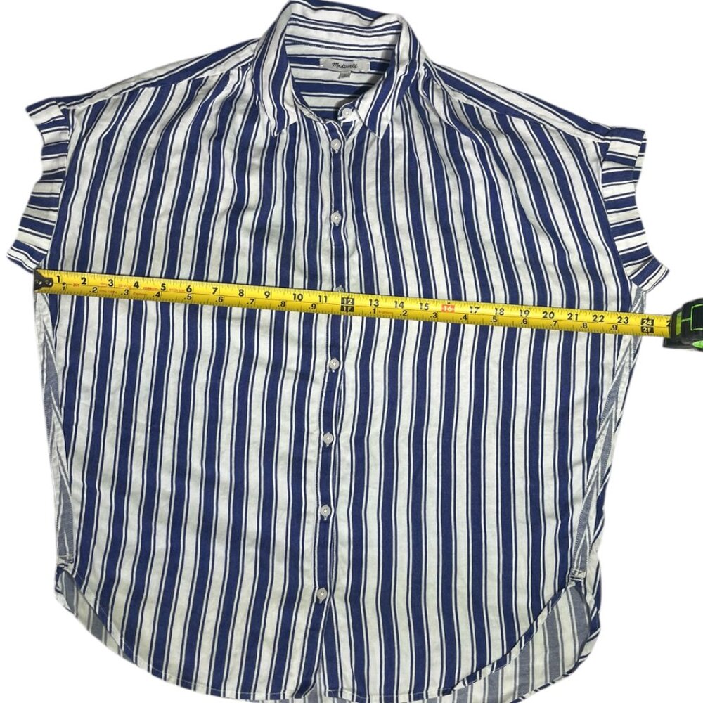MADEWELL SHIRT WOMEN'S SMALL BLUE  PINSTRE LINEN SHORT SLEEVE TOP SIZE S.